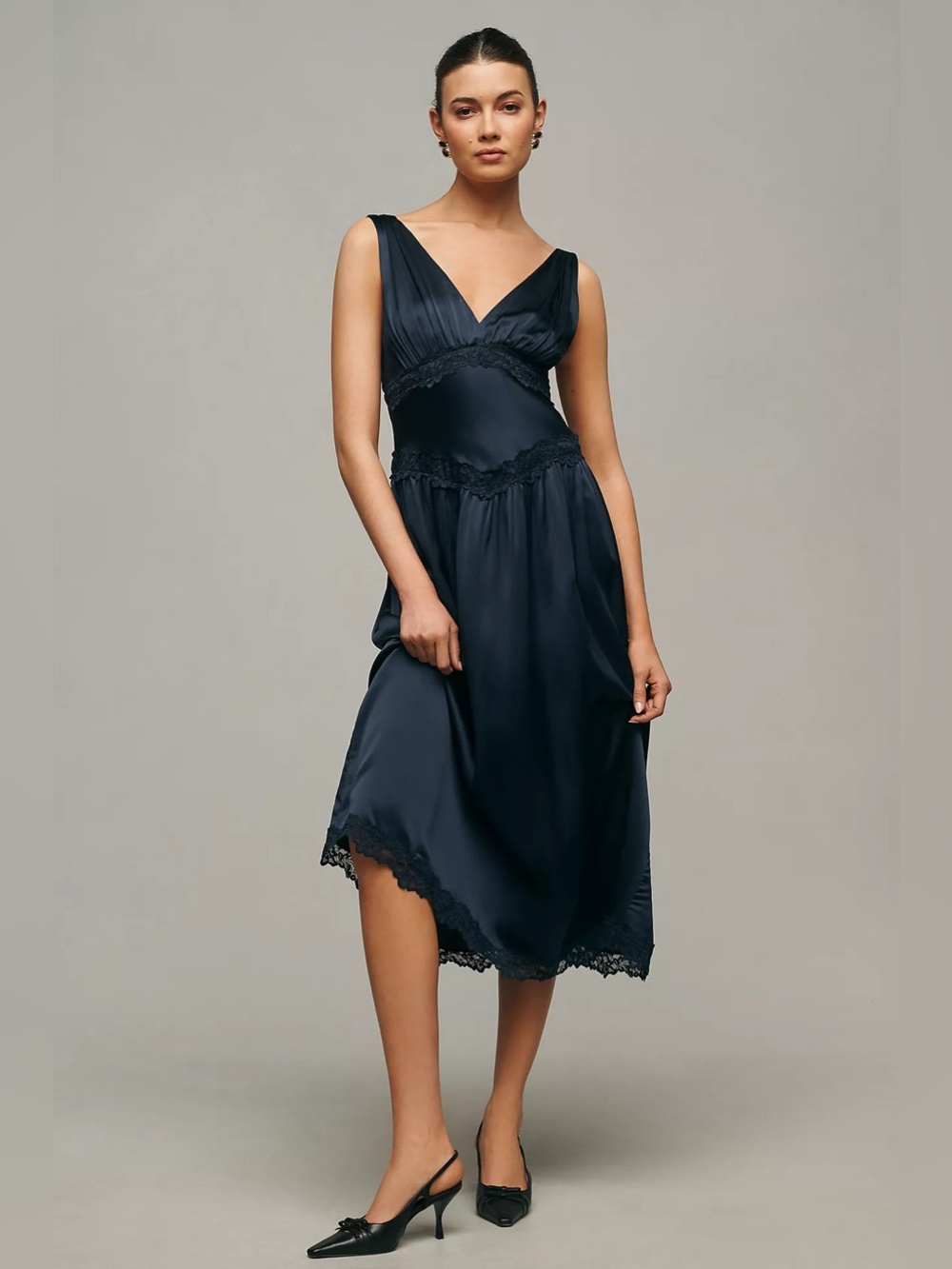 Reformation Navy Blue Satin V-Neck Lace Trim Midi Dress